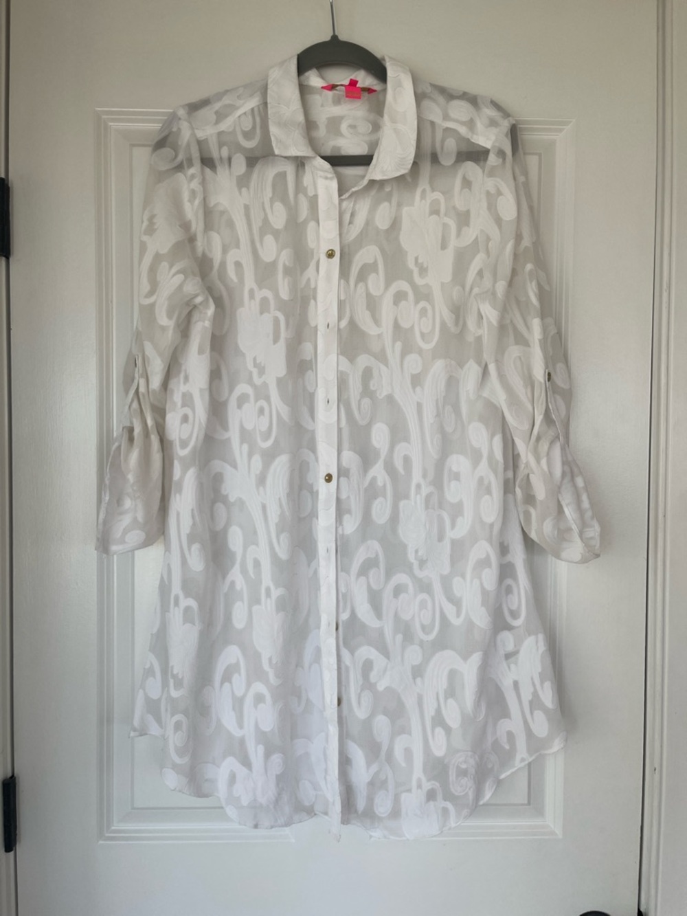 Lilly Pulitzer White Sheer Button-Down Tunic with Swirl Jacquard